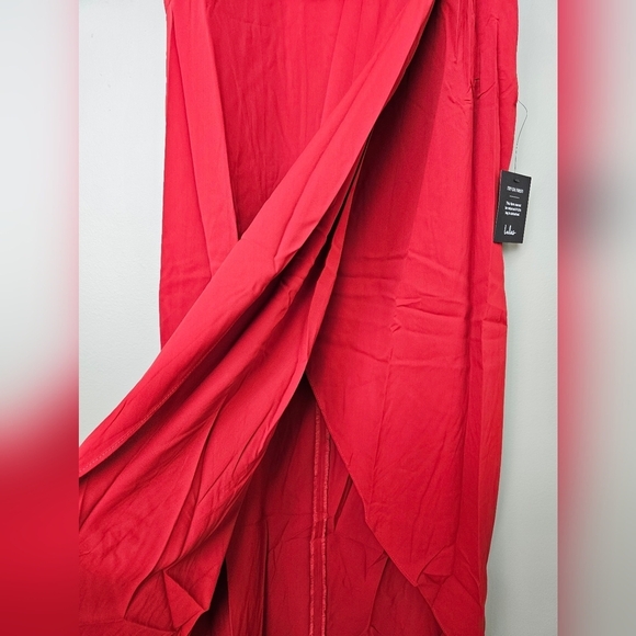 Lulus Women's Reinette Rust Red Faux Wrap Pleated Overlap Sleveless Midi Dress - Picture 10 of 16